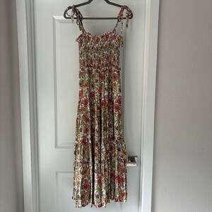 Abel The Label Anthropologie Orange and Pink Floral Smocked Strappy Maxi Size M